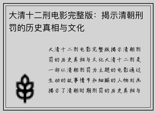 大清十二刑电影完整版：揭示清朝刑罚的历史真相与文化
